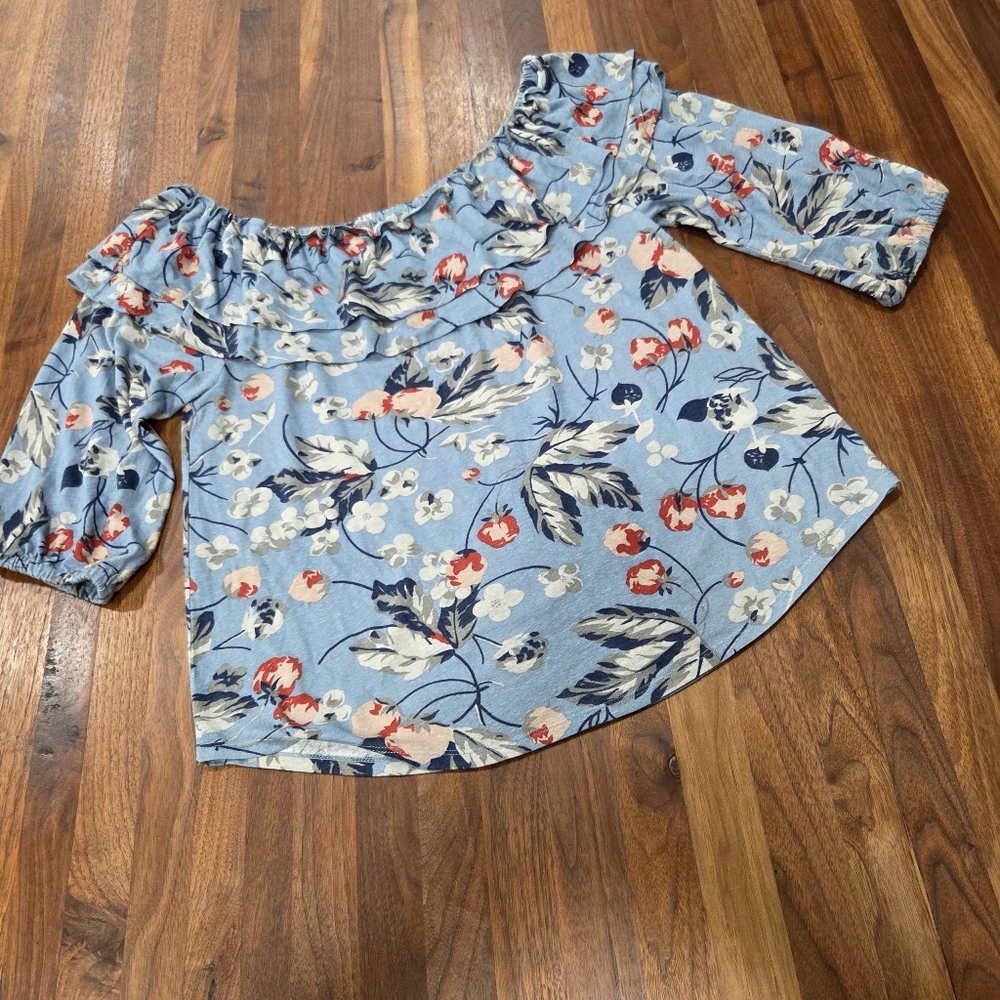 Lauren Ralph Lauren Floral Off Or On The Shoulder Blue Top Linen Blend Size Lg